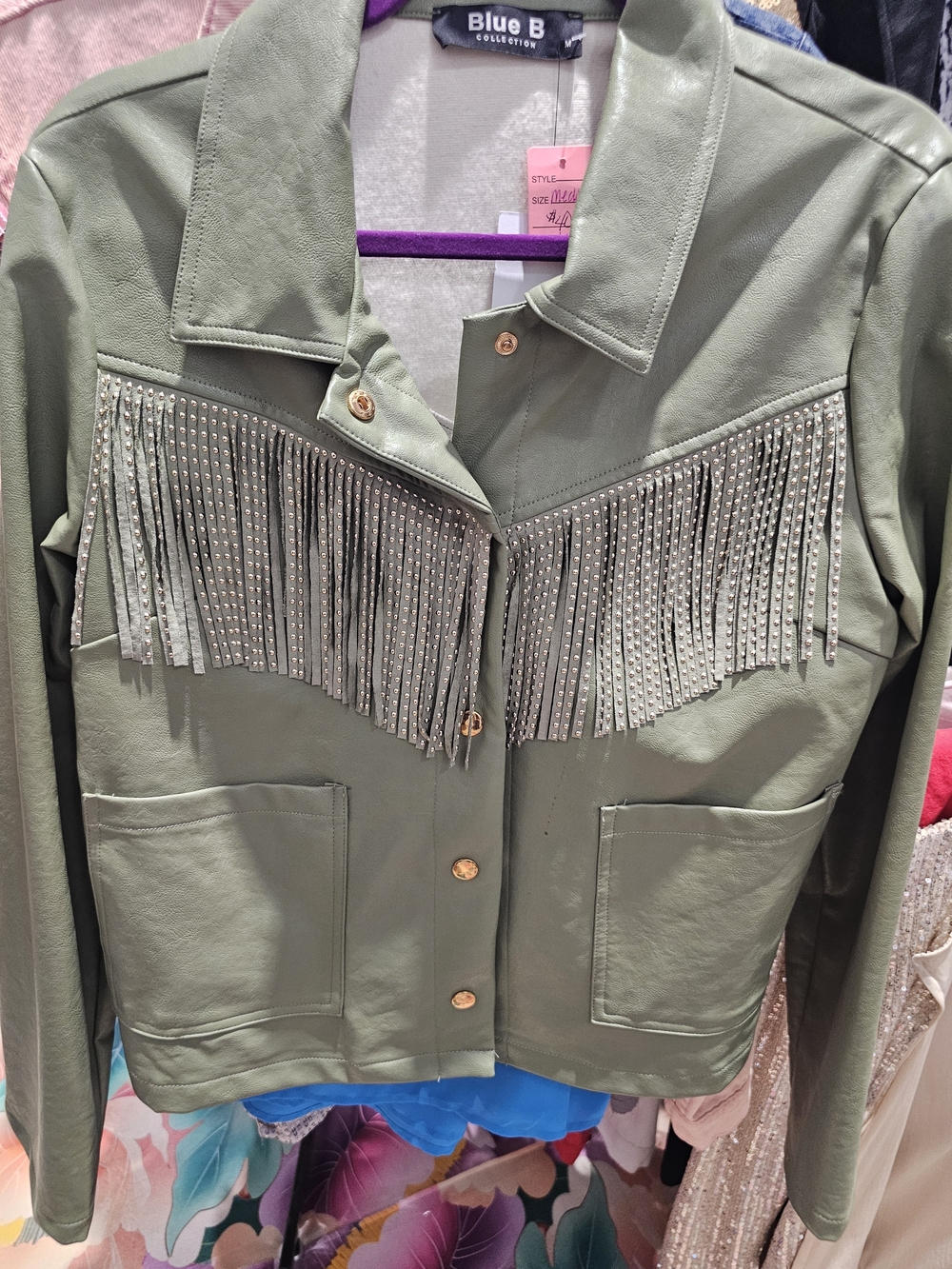 Olive Green Fringe Faux Leather Jacket